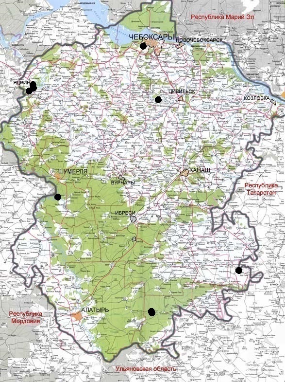 Карта чувашской республики с населенными